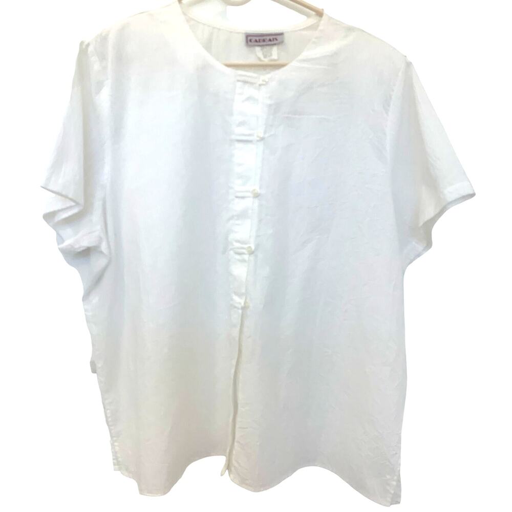 Cabrais Boxy Vintage Blouse XL White Toggle Front Shoulder Pads 80's Cottage USA